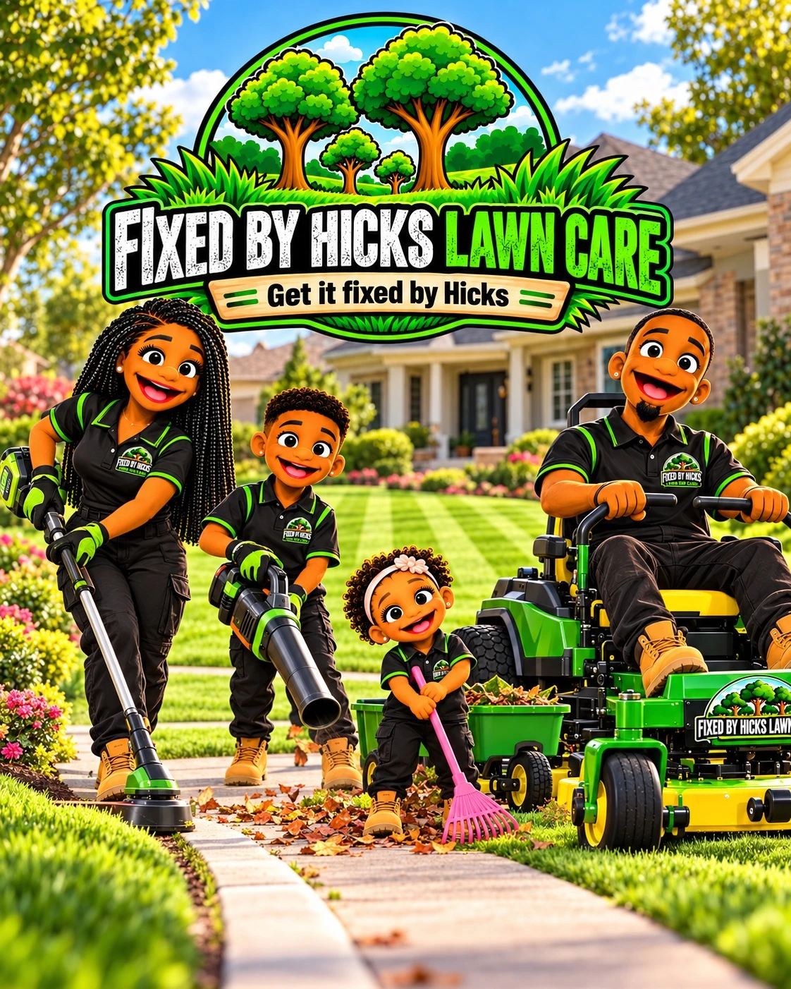 Fixed by Hicks branded family artwork: Lawn maintenance