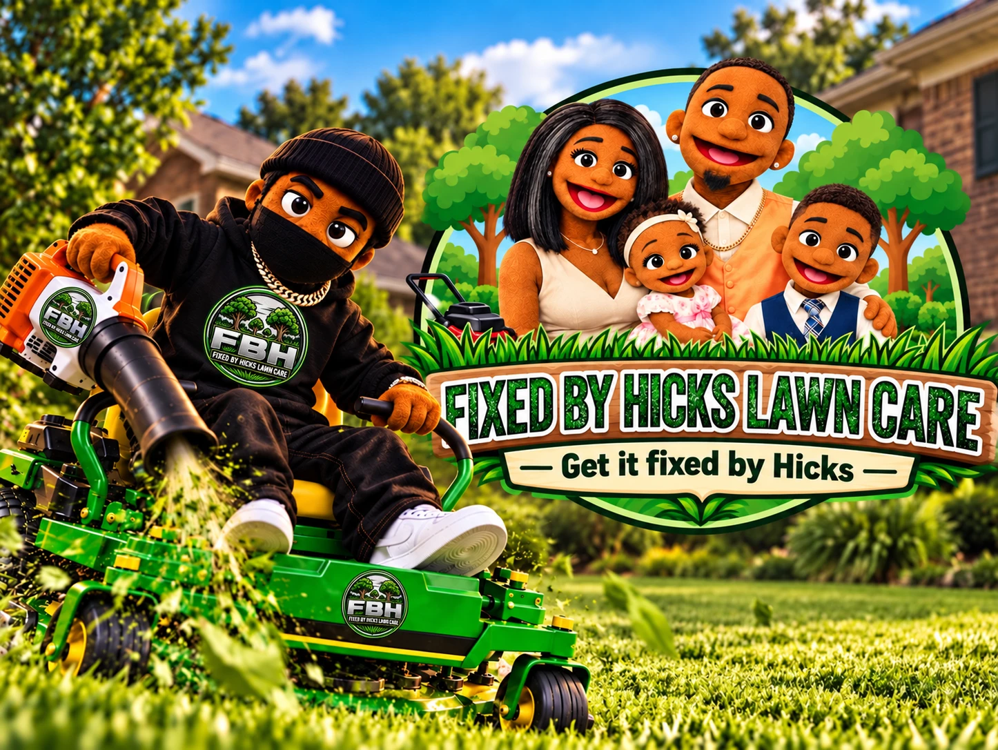 Fixed by Hicks branded artwork: Mascot and family