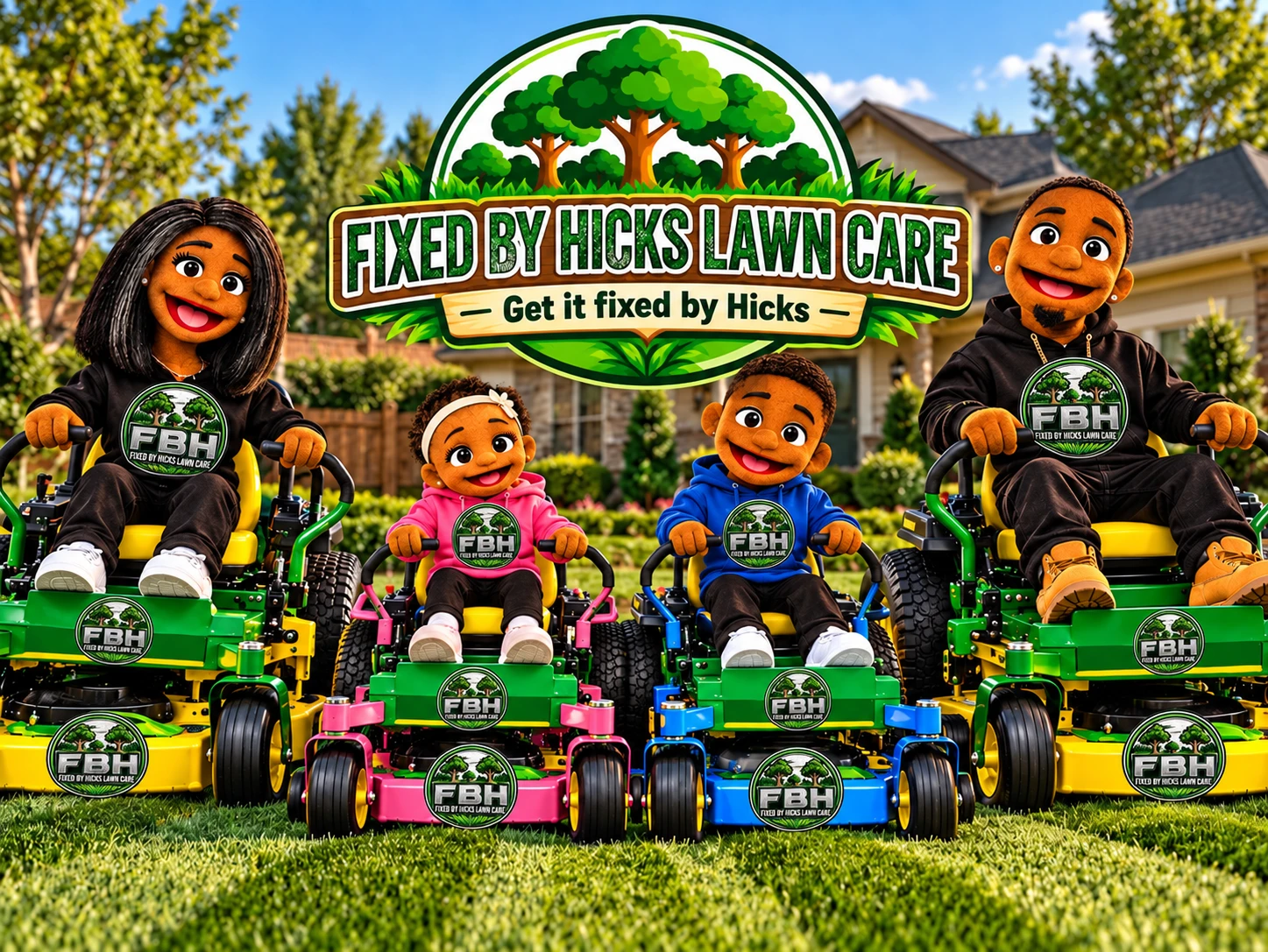 Fixed by Hicks branded artwork: The family on mowers