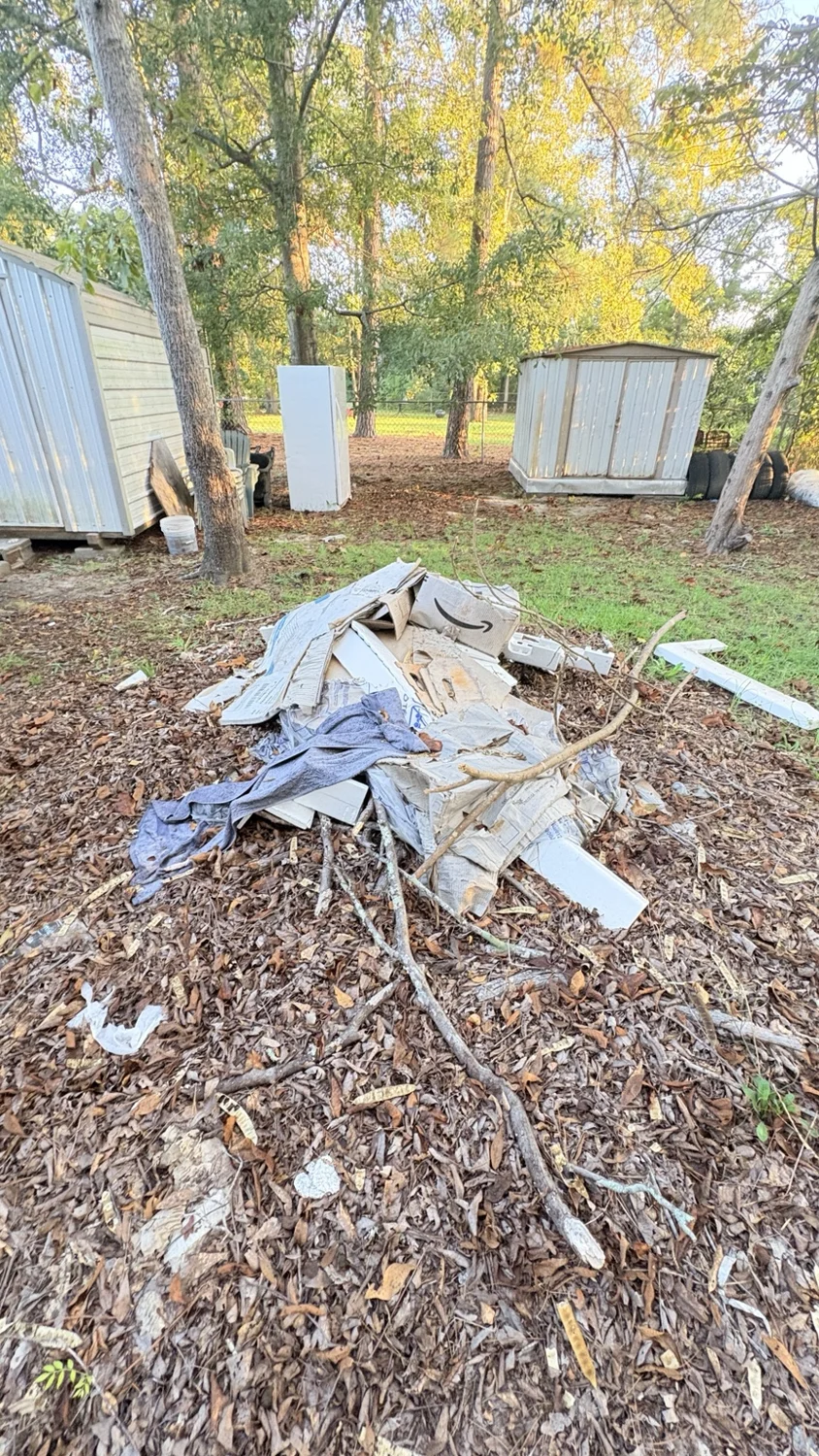 Before backyard cleanup: debris pile cleared